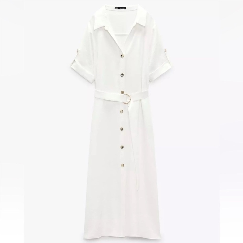 Zara White Midi Dress with Notched Collar and Cuffed Sleeves
